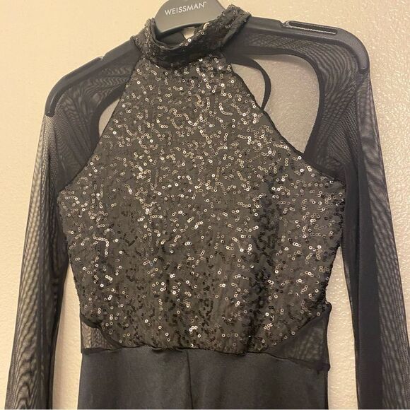 WEISSMAN Dance Costume black unitard sequin mesh Wolves 10903 LC-large child - Picture 3 of 12
